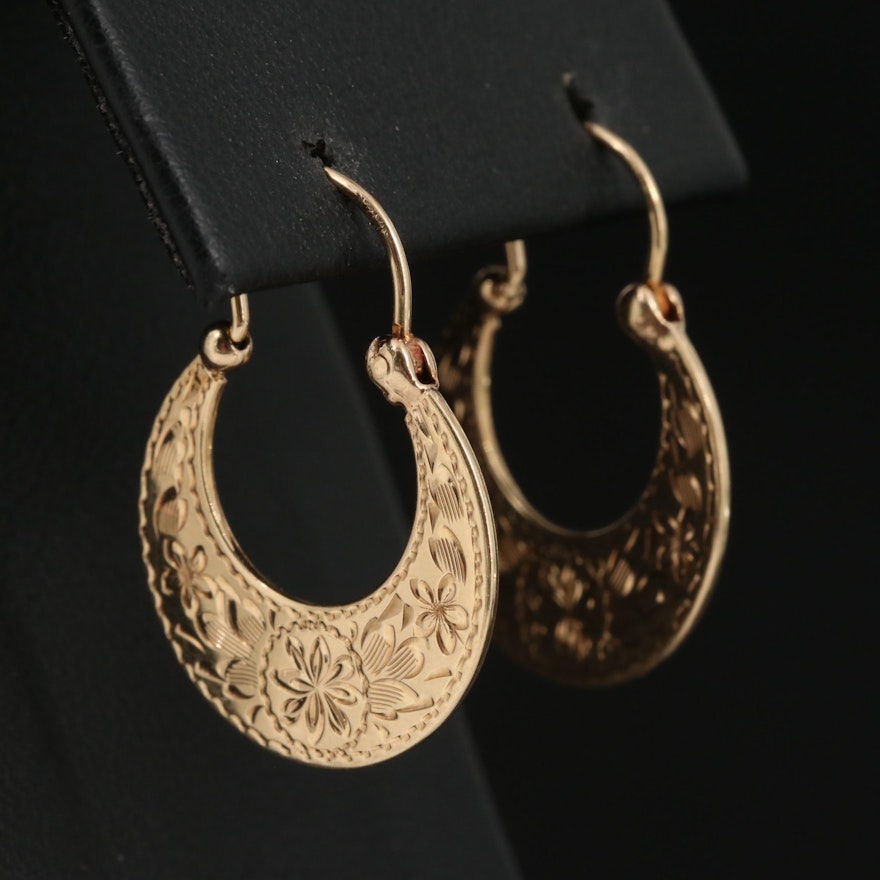 14K Engraved Crescent Hoop Earrings