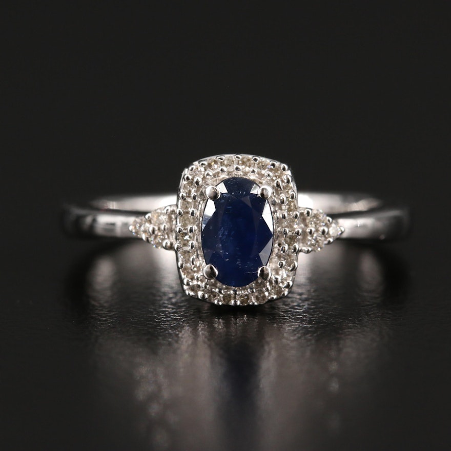 14K Sapphire Ring with Diamond Halo and Accents