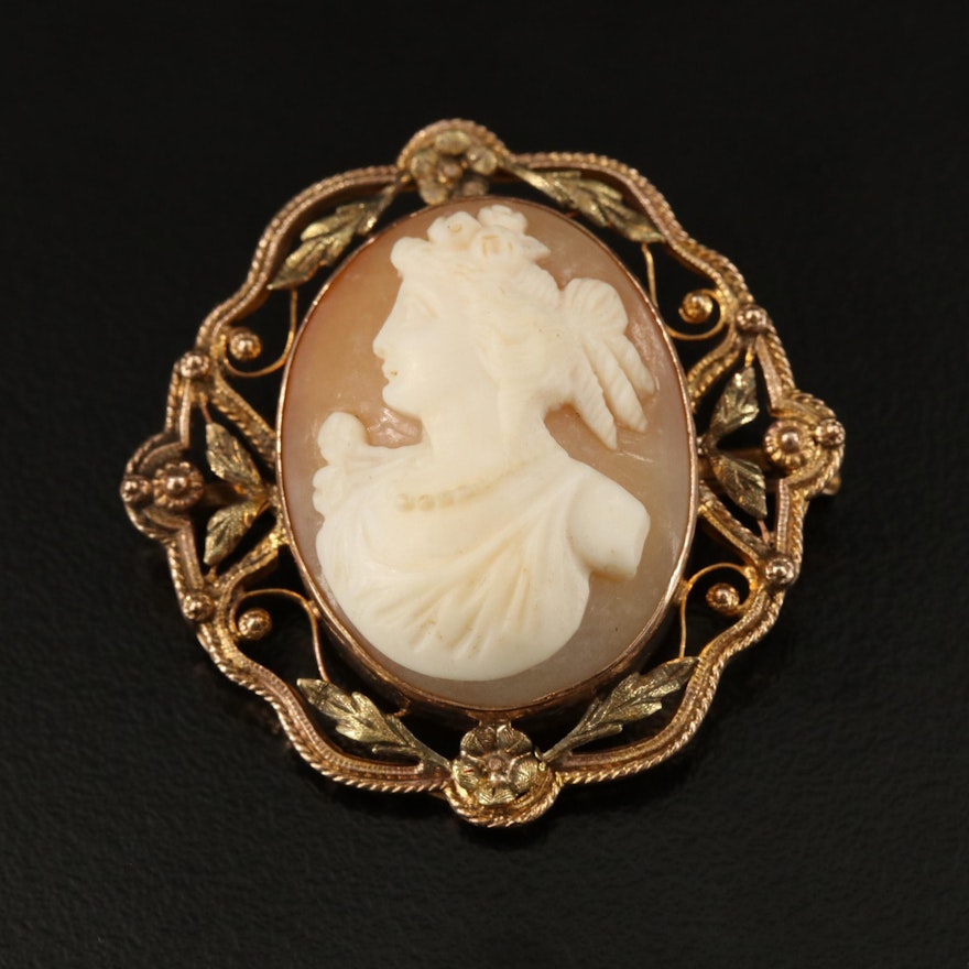 Early 1900s 10K Shell Cameo Converter Brooch with Green and Rose Gold Accents