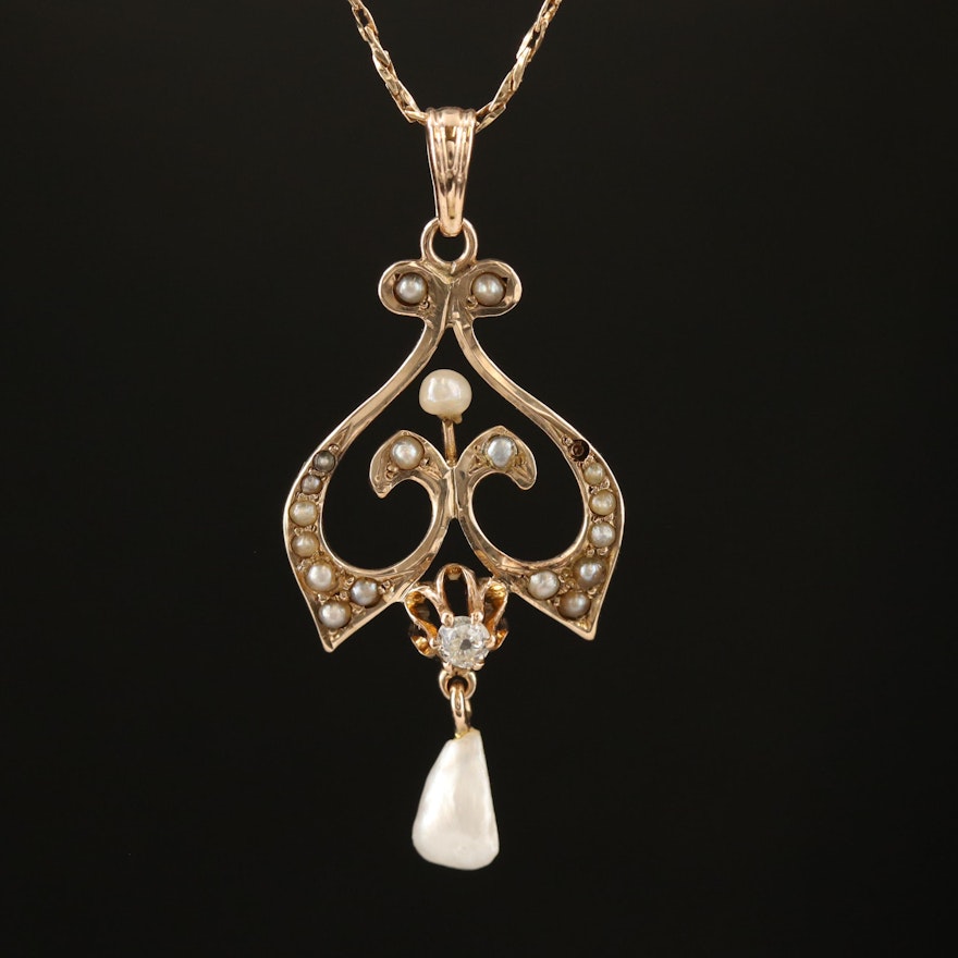 Art Nouveau 10K Diamond and Pearl Pendant on 14K Cobra Chain Necklace