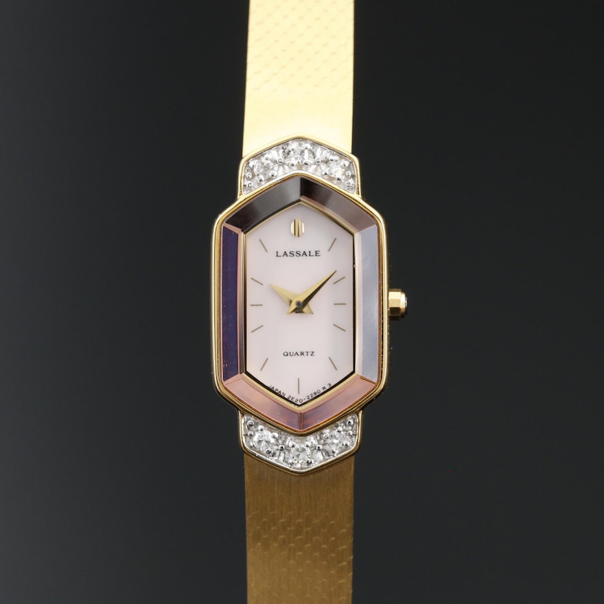 Vintage Lasalle By Seiko Gold Tone Diamond MOP Quartz Wristwatch