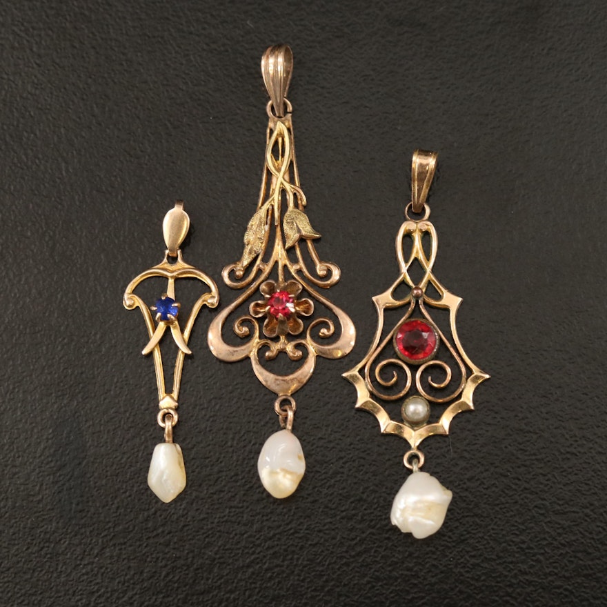 Art Nouveau 10K Pearl Drop Pendant Collection