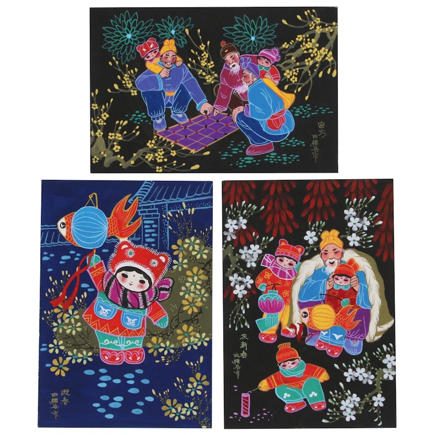 East Asian Gouache Folk Paintings, Late 20th to 21st Century