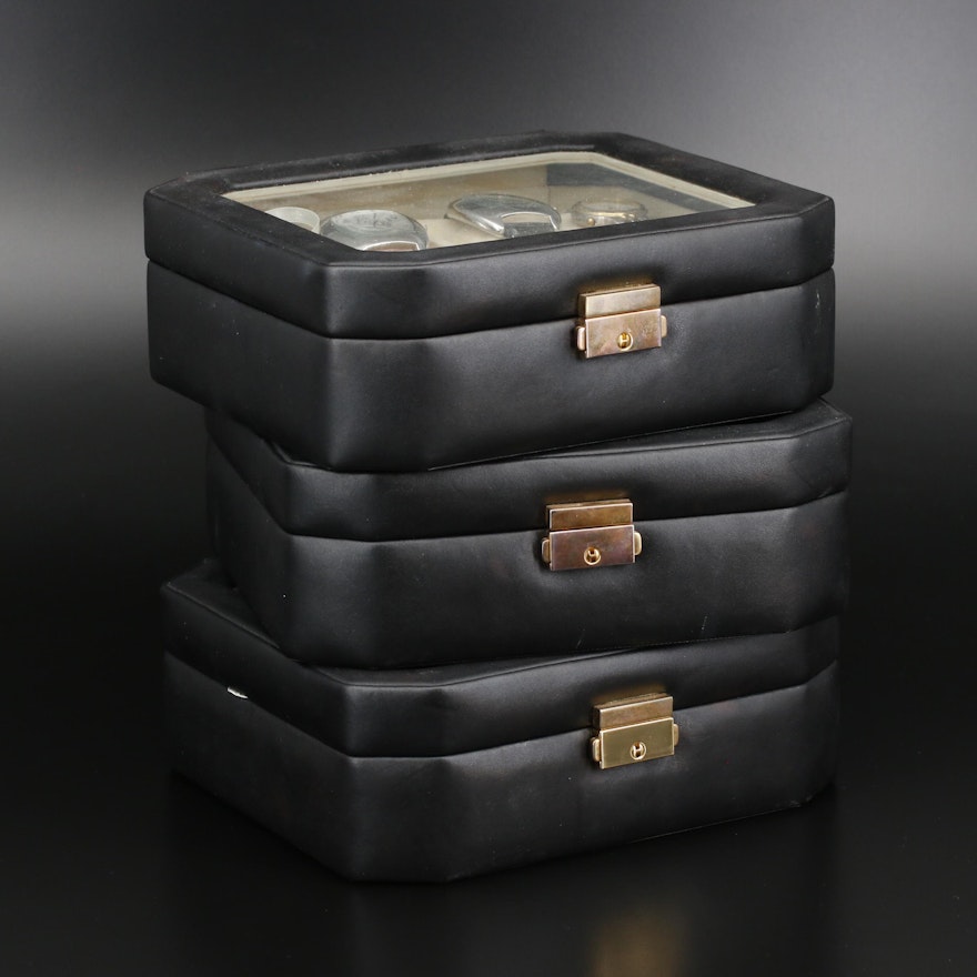 Three Lockable 8 Piece Watch Containers with Various Quartz Wristwatches