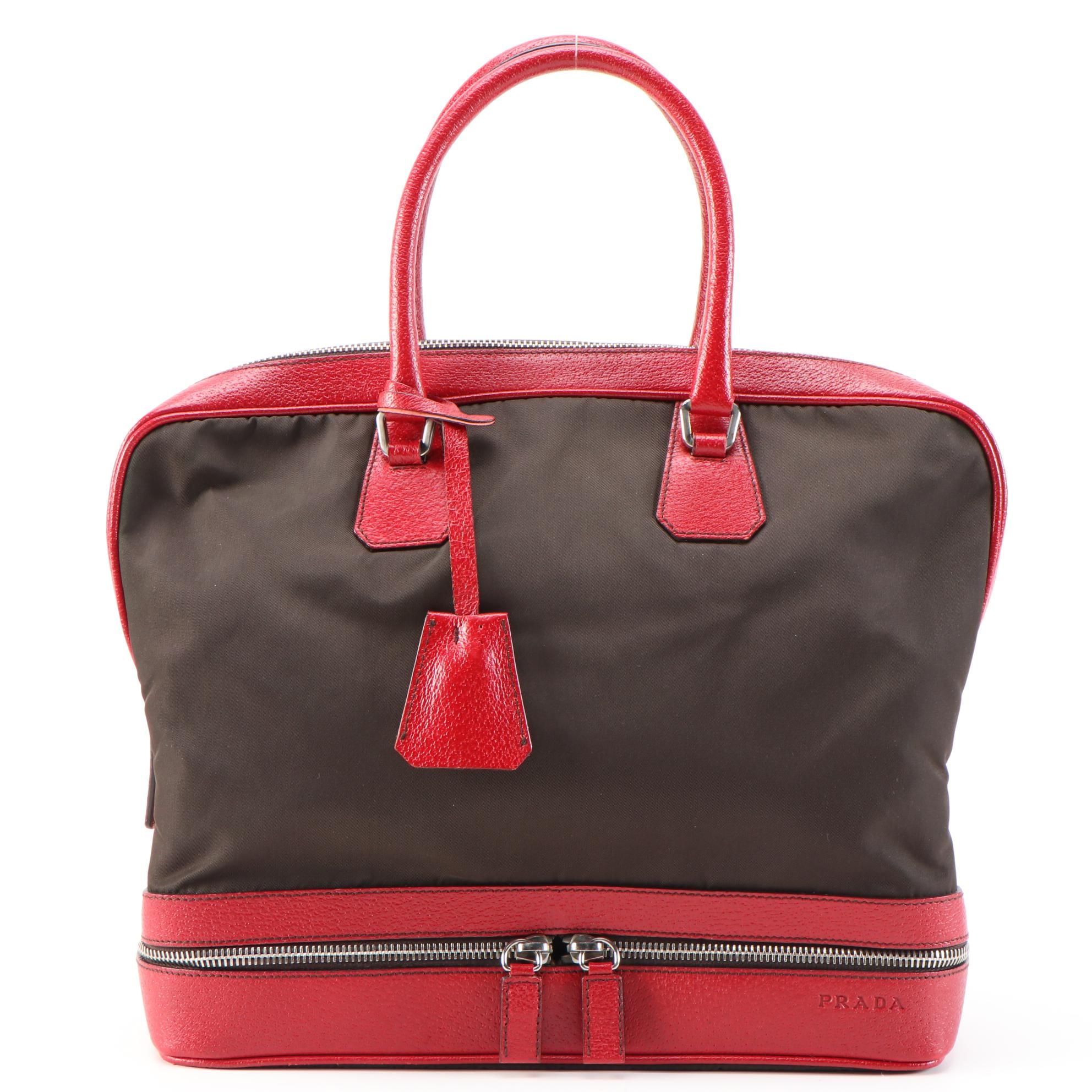 Prada Borsa a Mano Red Leather and Dark Brown Nylon Handbag