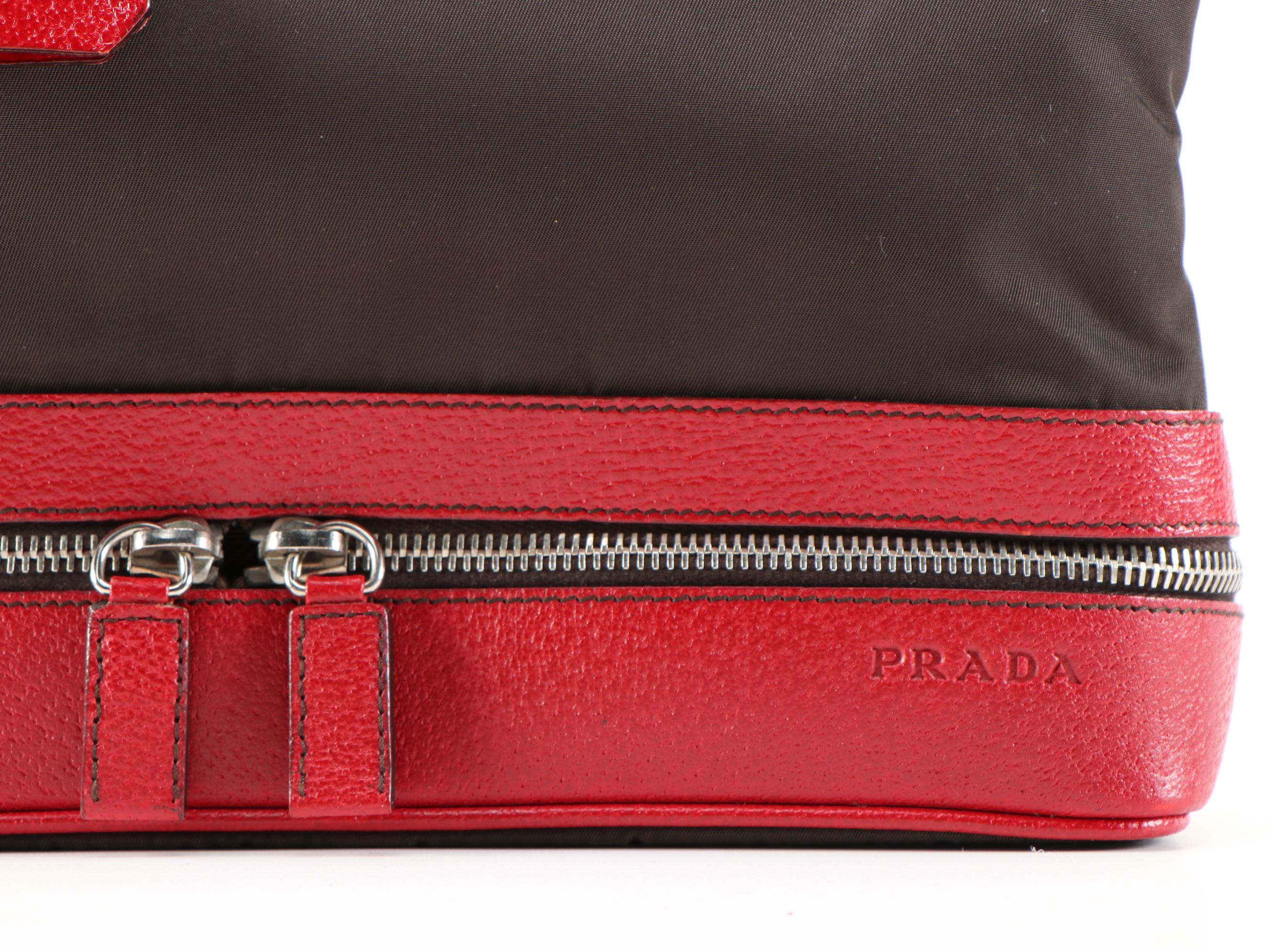 Prada Borsa a Mano Red Leather and Dark Brown Nylon Handbag