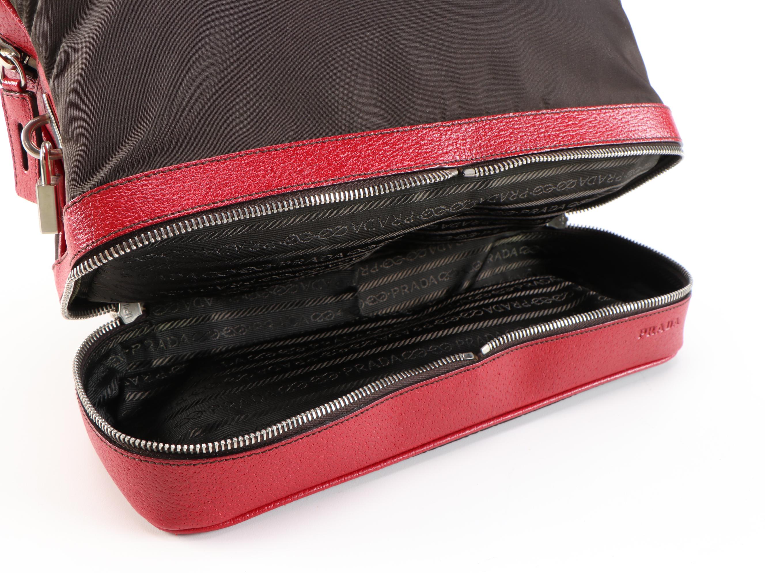 Prada Borsa a Mano Red Leather and Dark Brown Nylon Handbag
