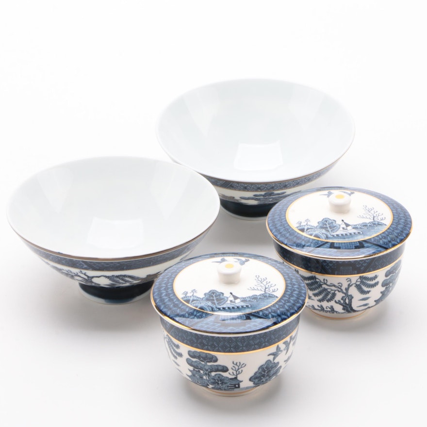 Nikko "Blue Willow" Teacups with Lids with Ceramic Rice Bowls