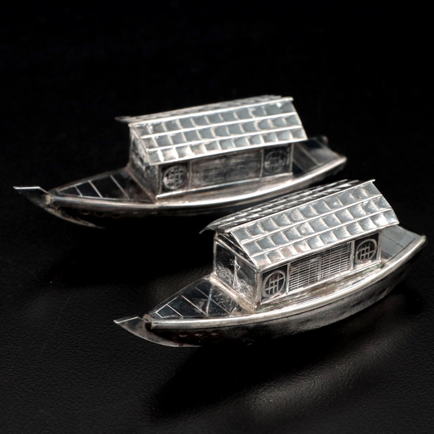 950 Silver Japanese Figural Wasen Boat Shakers, Early 20th Century