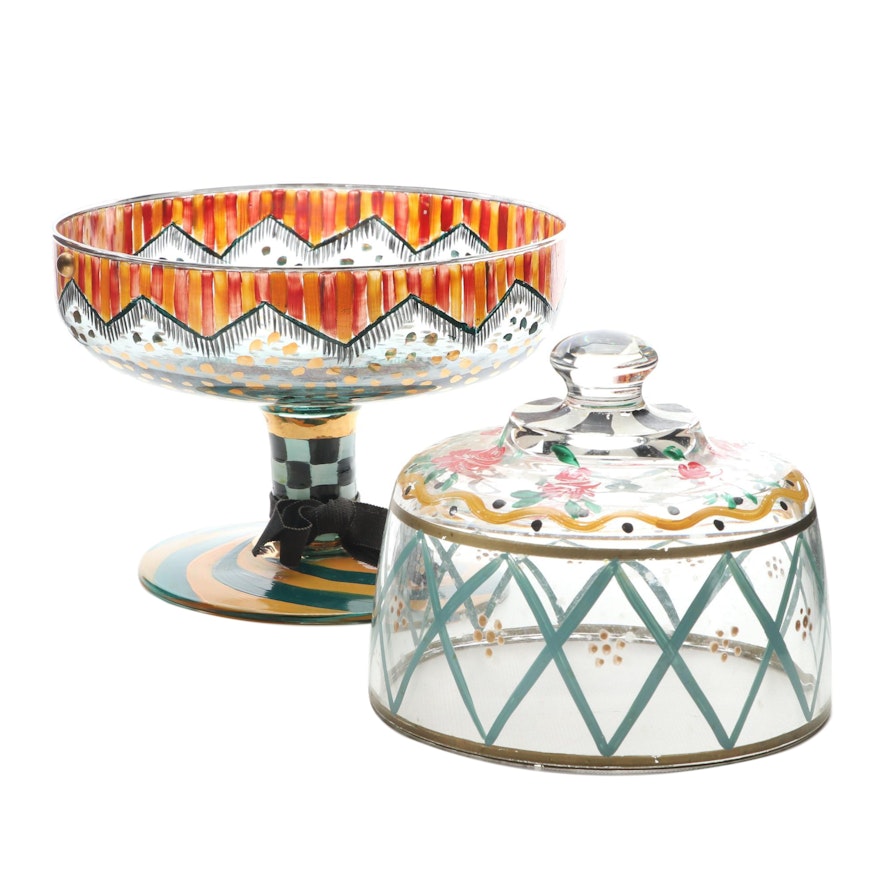 MacKenzie-Childs Glass Compote and Other Hand-Painted Glass Dome