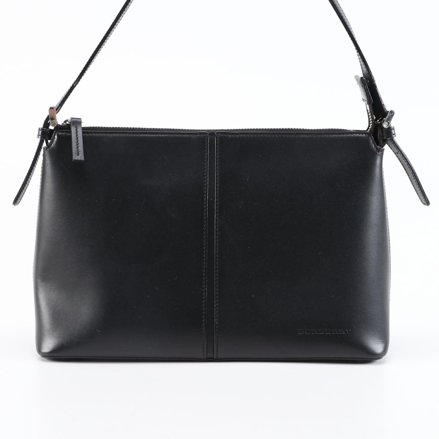 Burberry Black Leather Shoulder Bag with "House Check" Canvas Lining