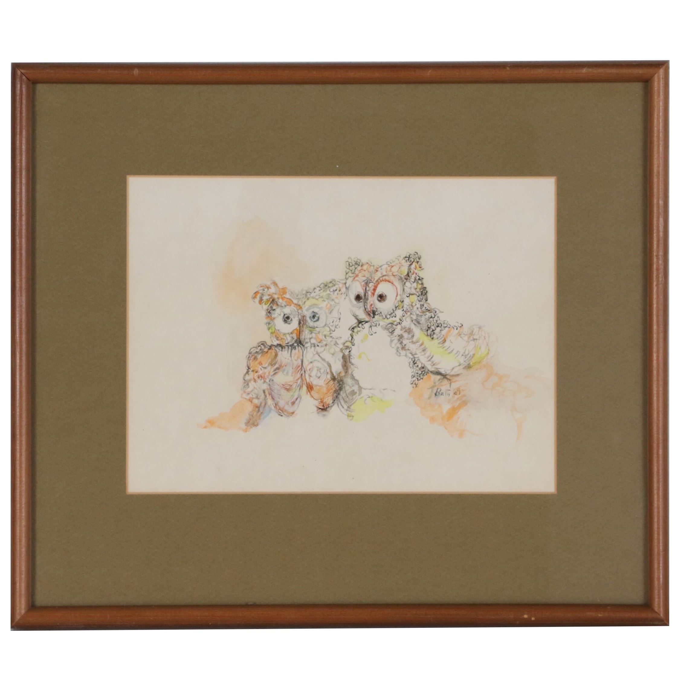 Watercolor Illustration of Two Owls, 1969
