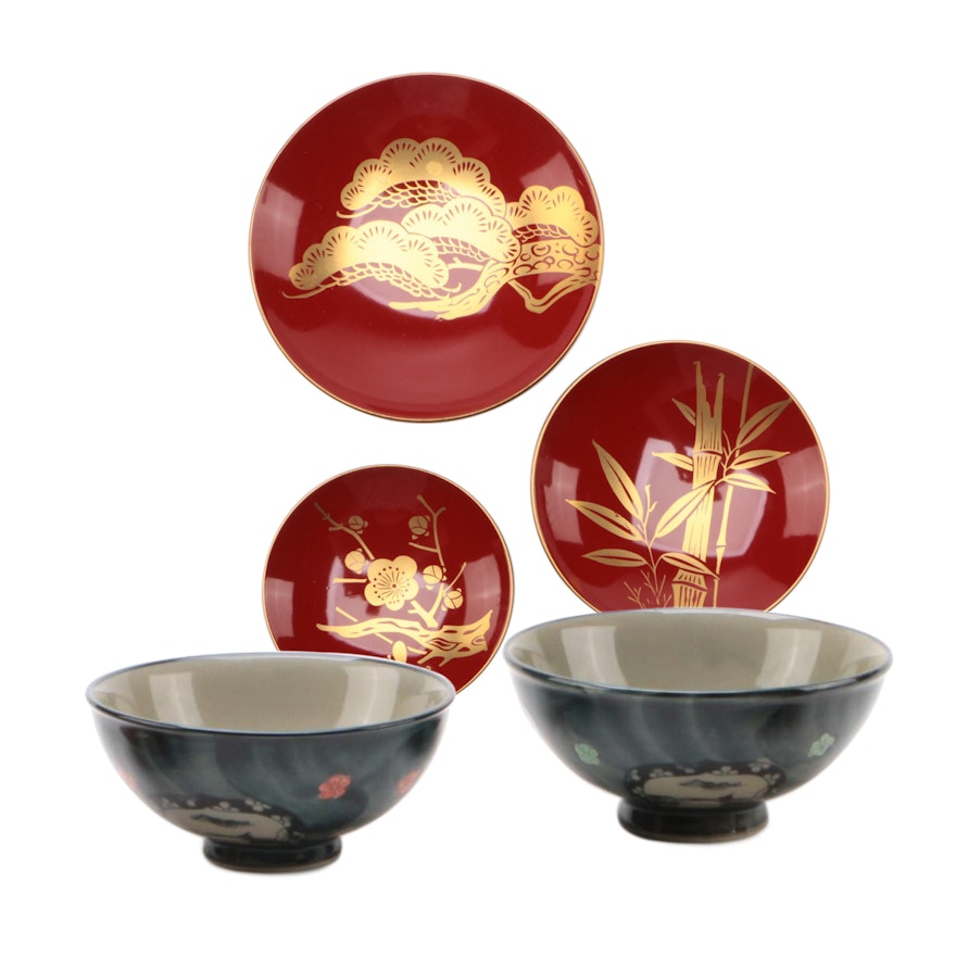 Japanese Ceramic Rice and Red Laquerware Sushi Bowls