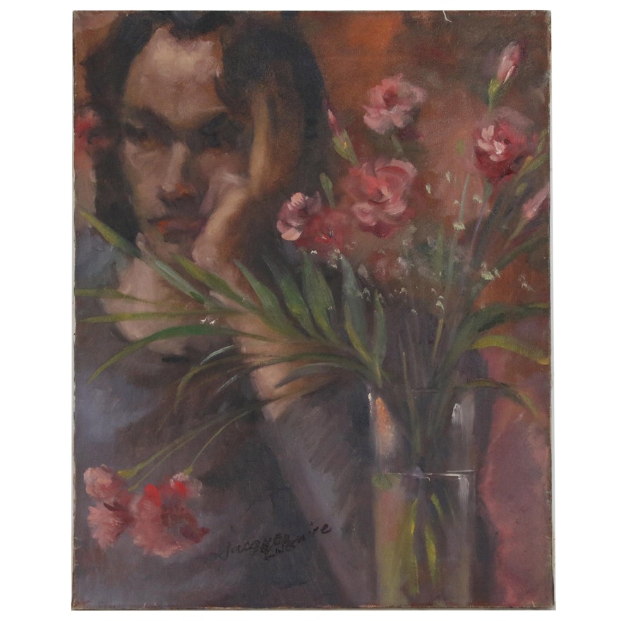 Jacques Zuccaire Oil Painting of Figure with Flowers, Mid to Late 20th Century