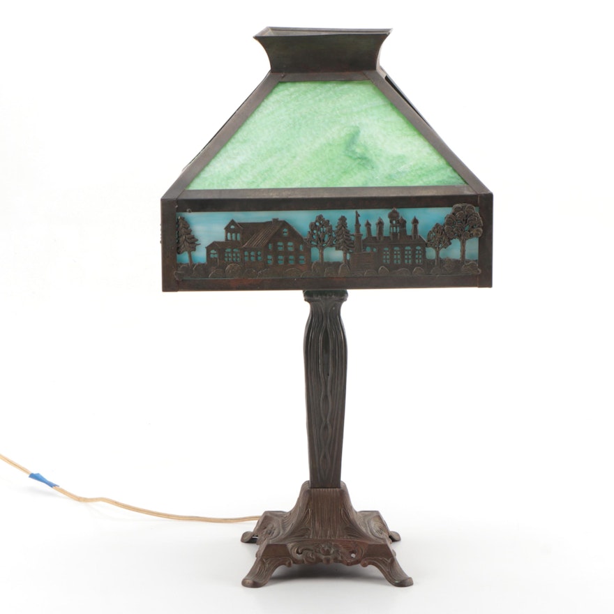 Arts and Crafts Slag Glass with Scenic Metal Overlay Table Lamp