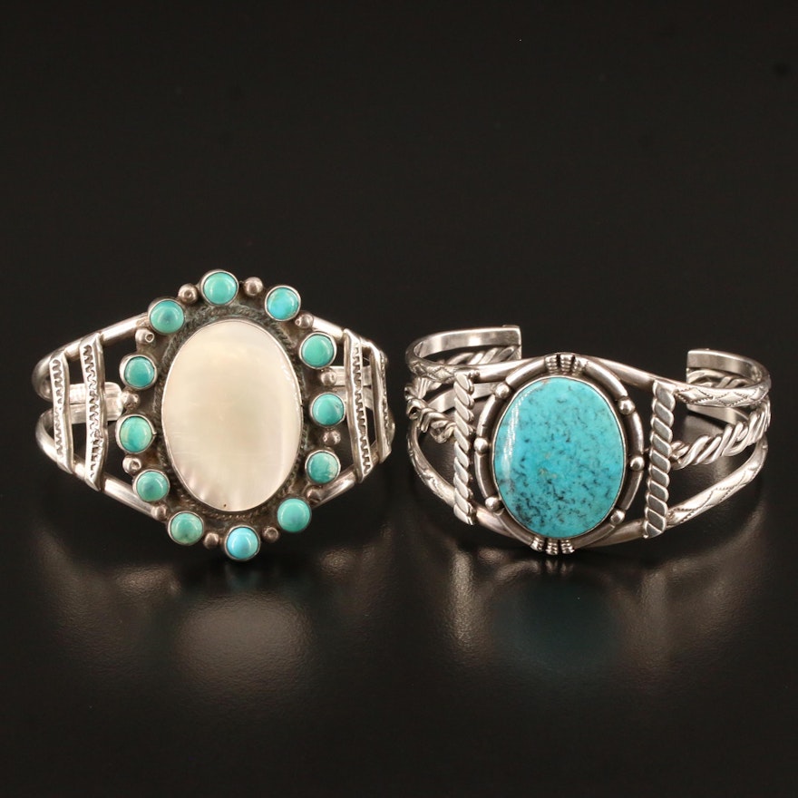 Southwestern Sterling Silver Turquoise and Mother of Pearl Handmade Cuffs