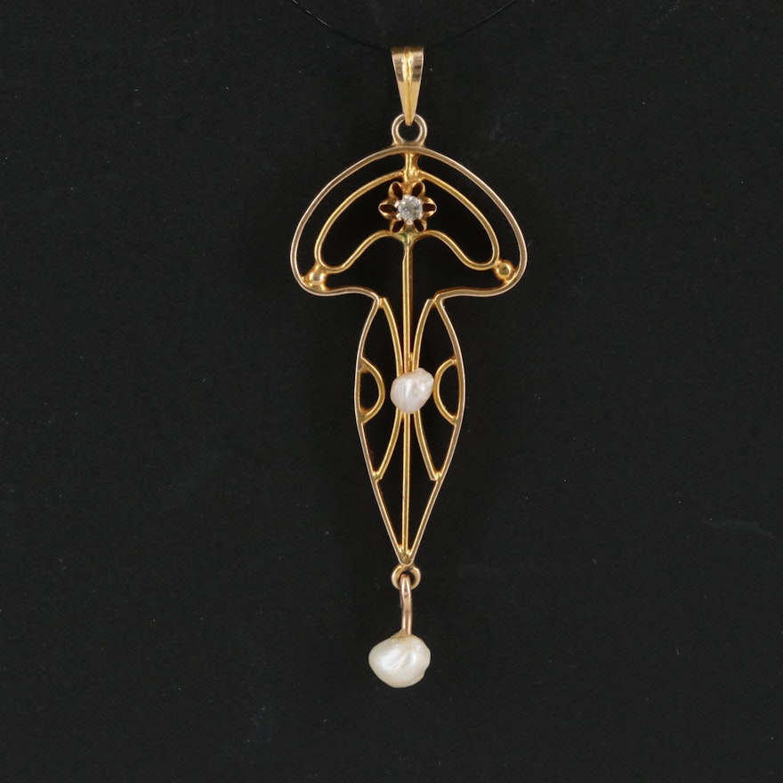 Arts and Crafts 14K Pearl Lavalier Pendant with Diamond Accent