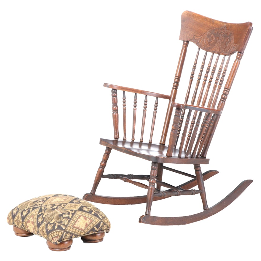 Late Victorian Oak Rocker Plus Footstool, Late 19th/Early 20th Century and Later