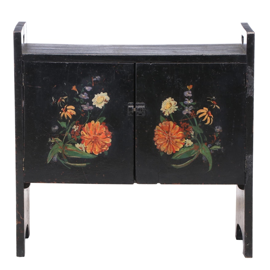 American Primitive Ebonized and Painted Oak Side Cabinet, Poss. Shoe Shine Bench