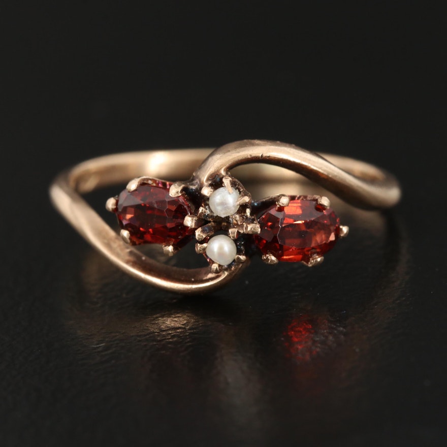 Vintage 10K Garnet and Pearl Bypass Ring