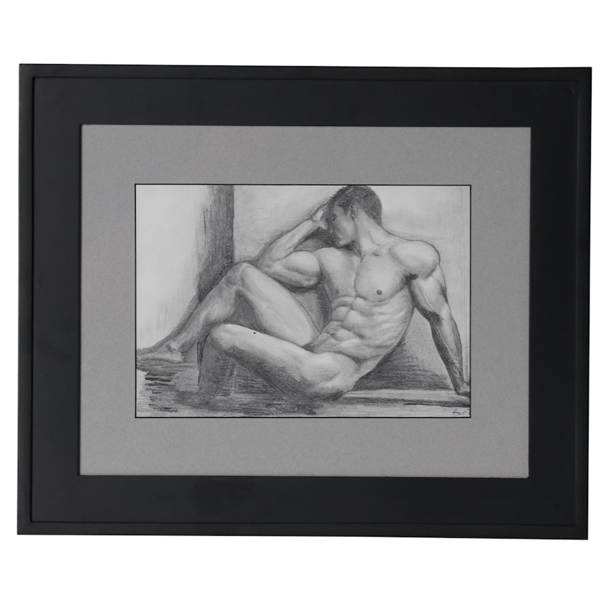 Kevin Ford Figural Graphite Drawing of Male Nude, Late 20th Century