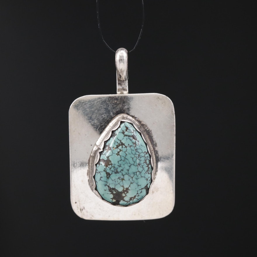 Western Style Sterling Turquoise Pendant with Spider-Web Matrix