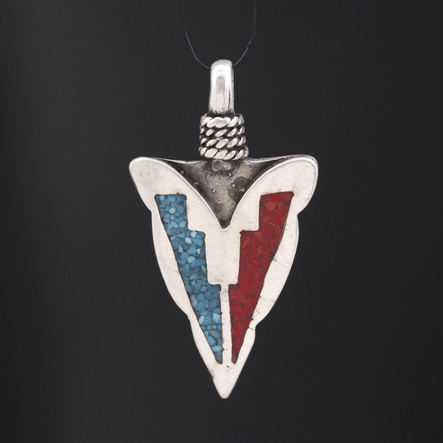 Southwestern Style Sterling Arrowhead Pendant with Turquoise and Coral Inlay