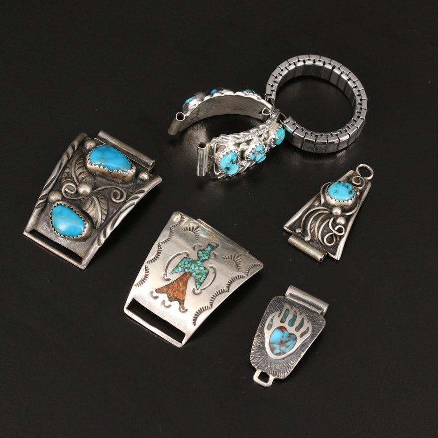 Selection of Jewelry  with Signed Sterling Turquoise Bracelet Link