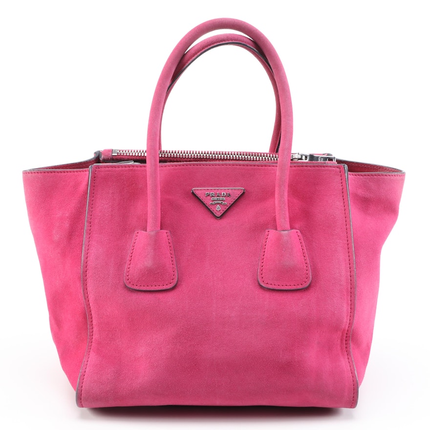 Prada Twin Pocket Double Handle Tote in Fuschia Suede