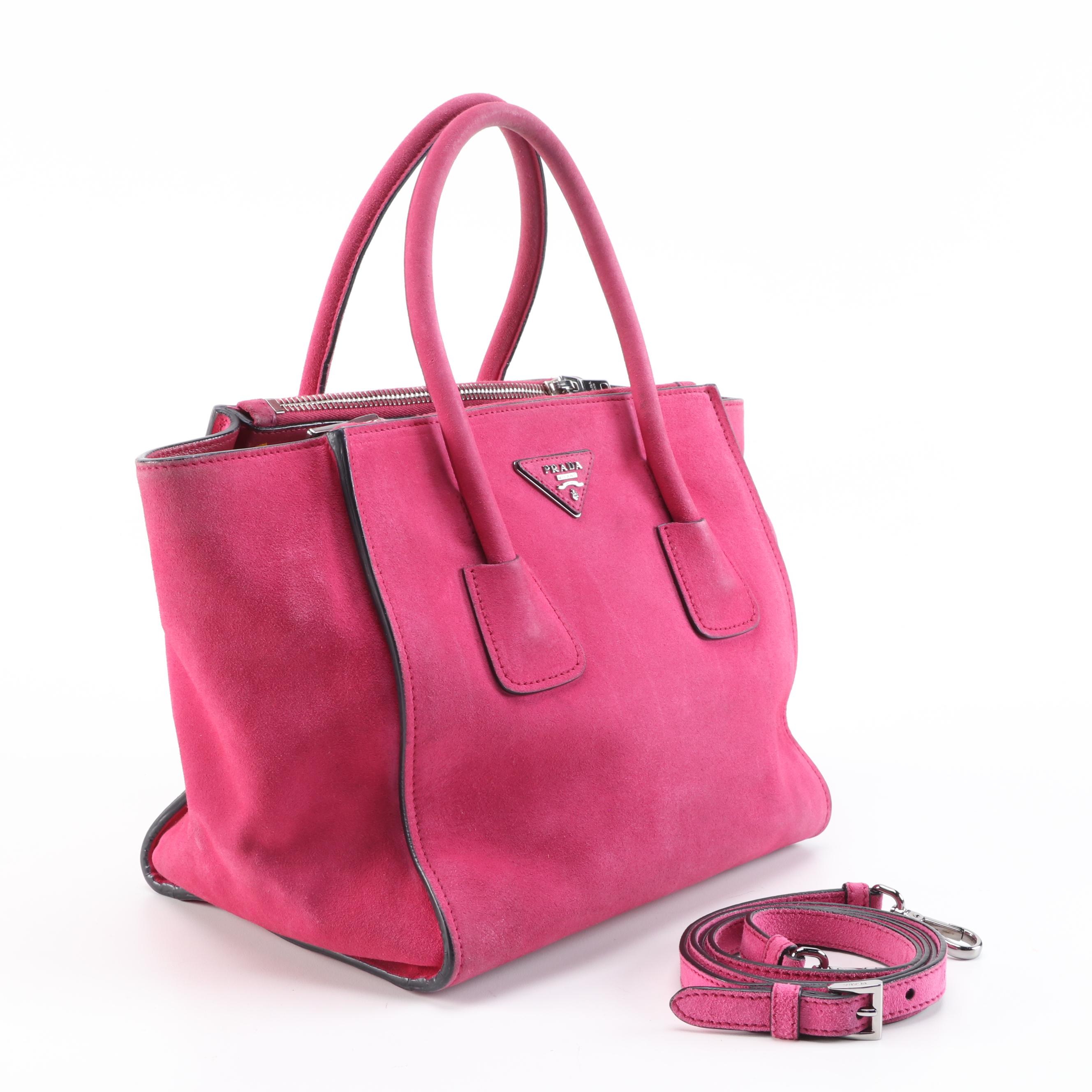Prada Twin Pocket Double Handle Tote in Fuschia Suede