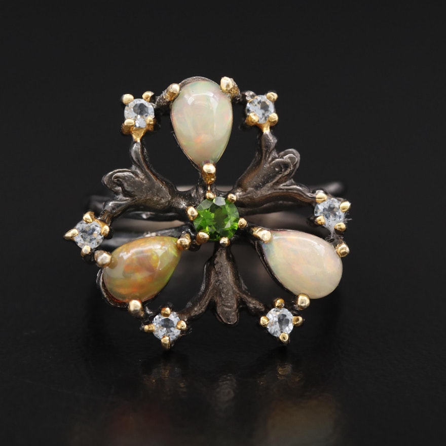 Sterling Silver Opal, Diopside and Topaz Floral Motif Ring