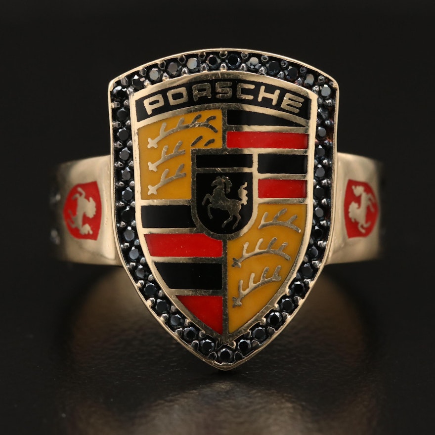 14K 'Porsche' Ring with Black Spinel Halo