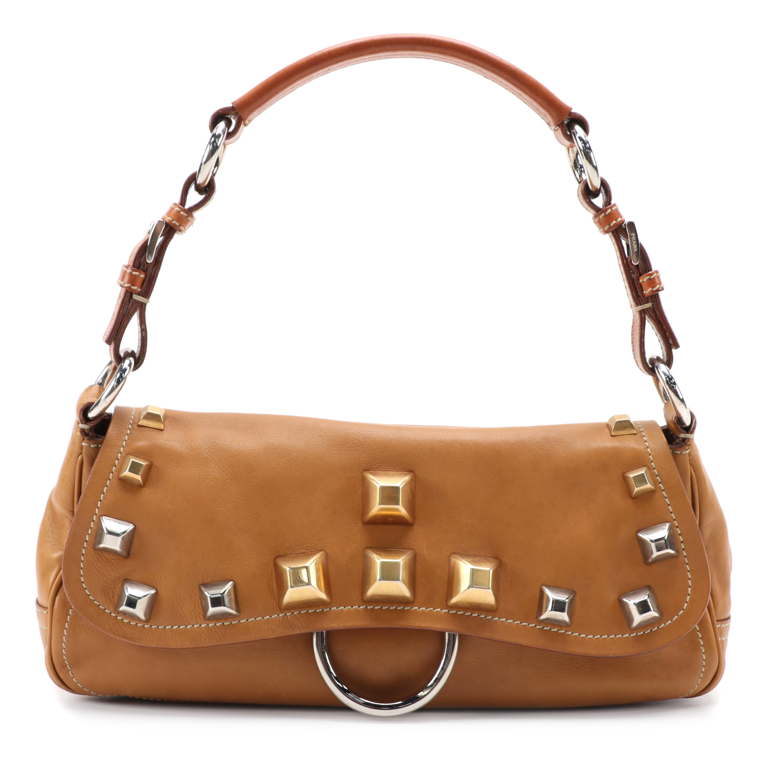 Prada Honey Leather Mixed Metal Studded Baguette