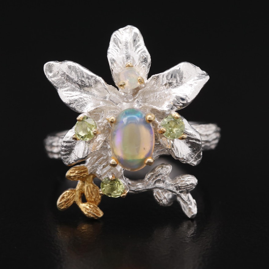 Sterling Opal and Peridot Foliate Ring