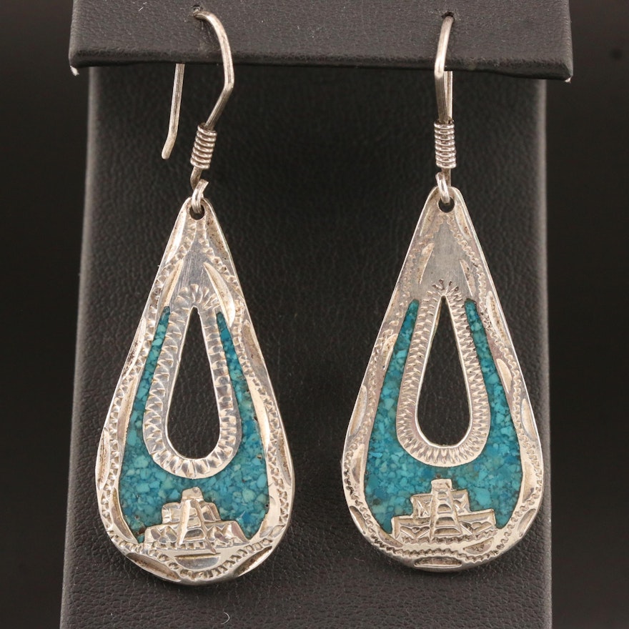 Vintage Mexican Sterling Silver Turquoise Inlay Earrings with Mayan Temple Motif