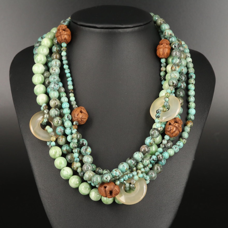 Asian Chalcedony, Nut and Calcite Multi-Strand Necklace with Cloisonné Clasp