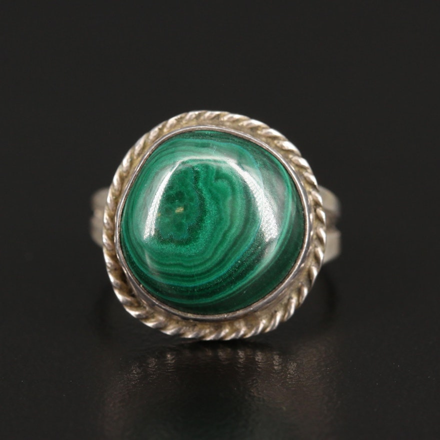 Southwestern Style Sterling Silver Malachite Ring with Rope Detailing