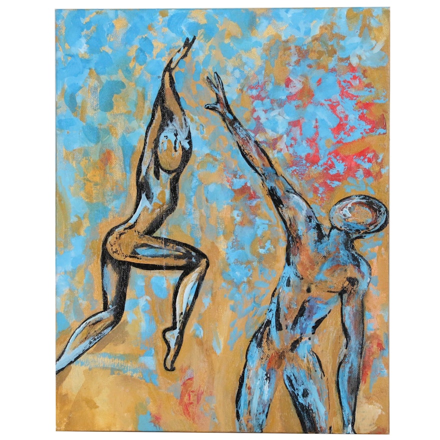Zanne Christensen Acrylic Painting of Dancing Figures, 1988
