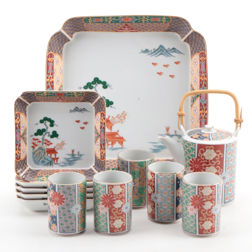 Imari Style Tea Set and Berry Bowls, Late 20th Century