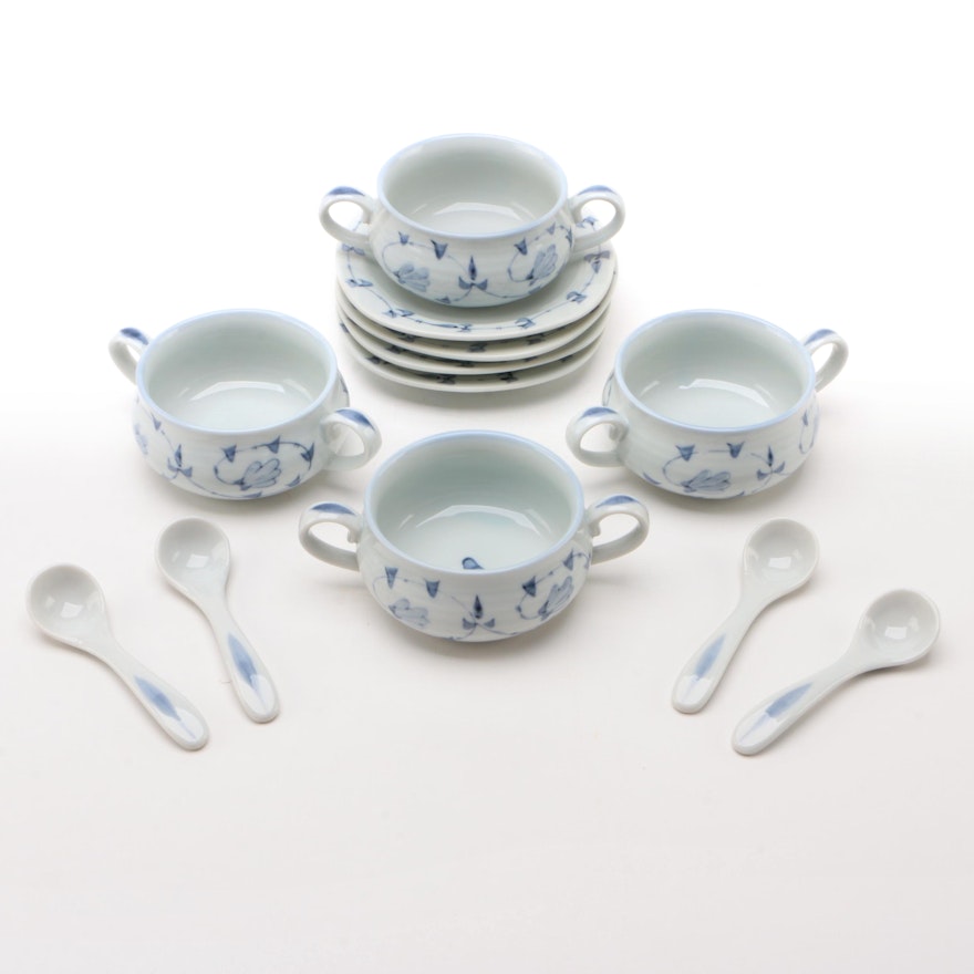 Japanese Porcelain Noodle Soup Bowls, Spoons, and Plates