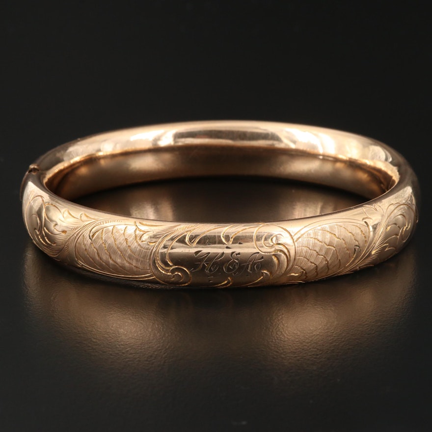 Vintage Oval Hinged Bangle with Etched Flowers