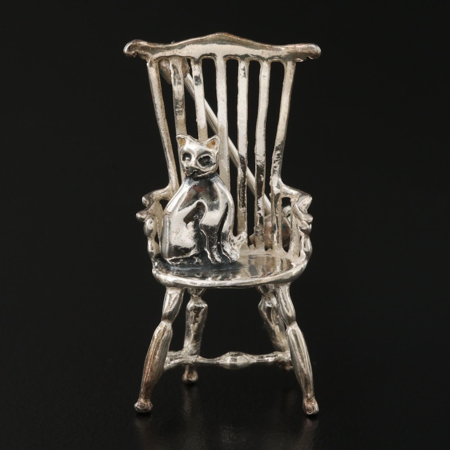 Sterling Cat On a Chair Brooch