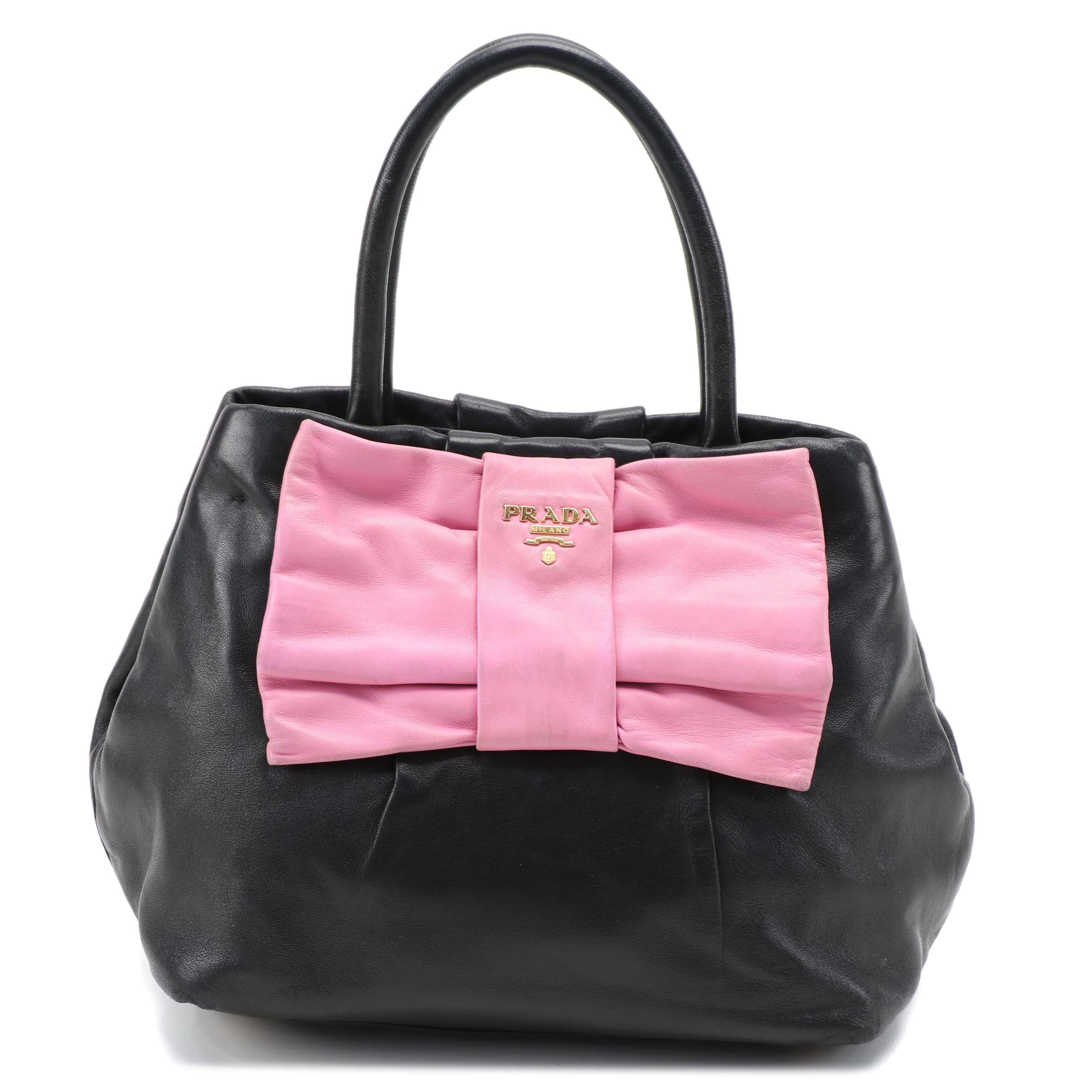 Prada Fiocco Bow Two-Way Satchel in Pink and Black Leather