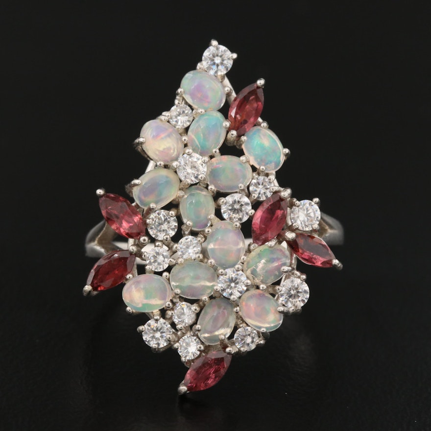 Sterling Silver Opal, Rhodolite Garnet and Cubic Zirconia Floral Cluster Ring