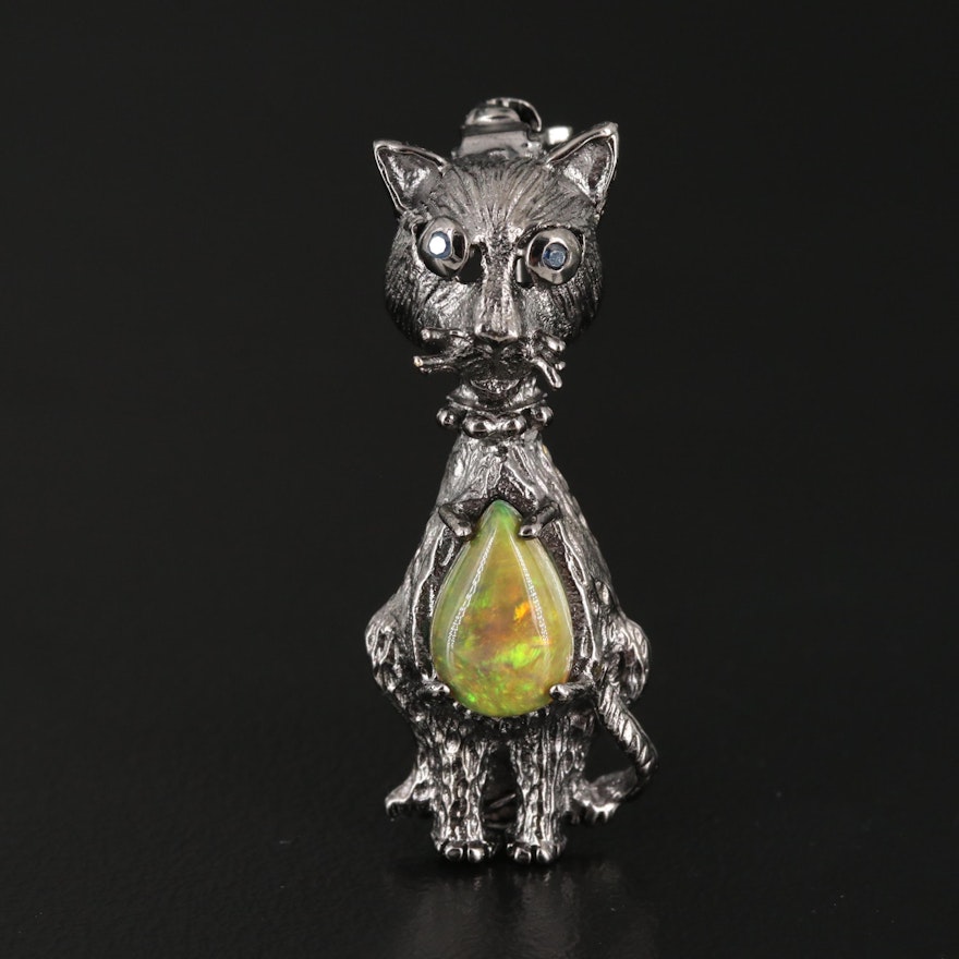 Sterling Silver Opal and Sapphire Cat Brooch