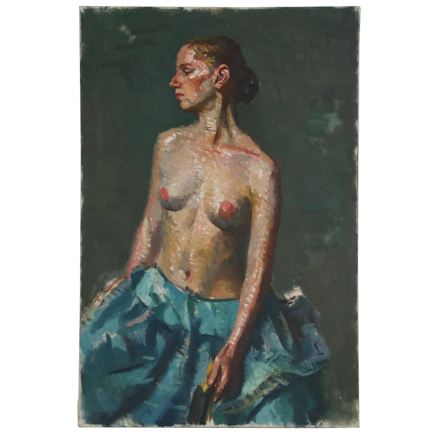 Jacques Zuccaire Oil Painting of Nude Figure in Blue Skirt, 20th Century