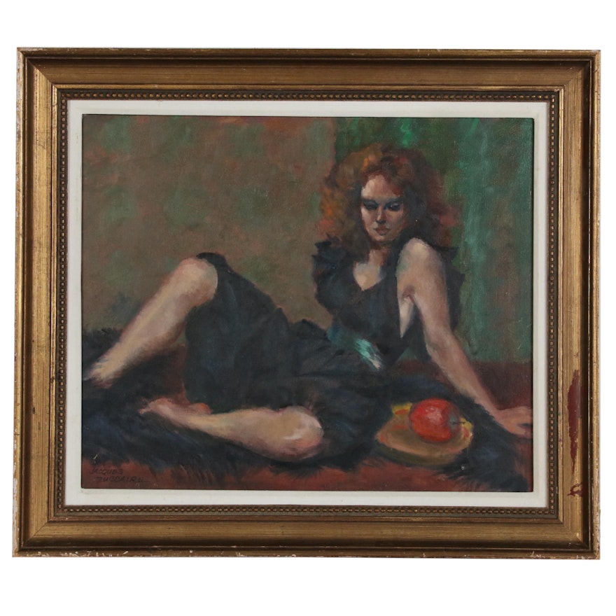 Jacques Zuccaire Oil Painting of Woman in Black Dress, 20th Century