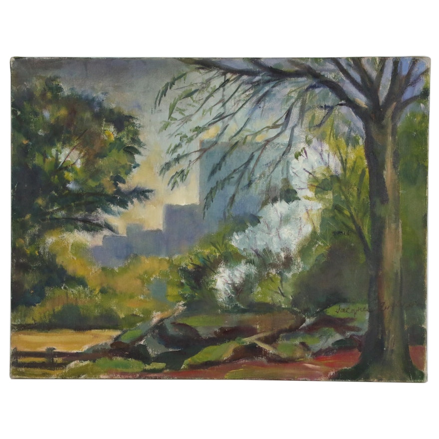 Jacques Zuccaire Oil Painting of Park Interior Scene, 20th Century