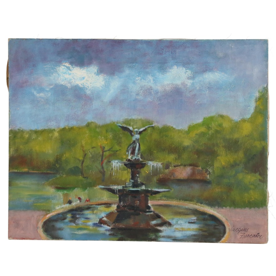 Jacques Zuccaire Oil Painting of Park Fountain, 20th Century