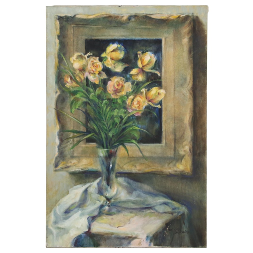 Jacques Zuccaire Floral Still Life Oil Painting with Yellow Roses, 20th Century